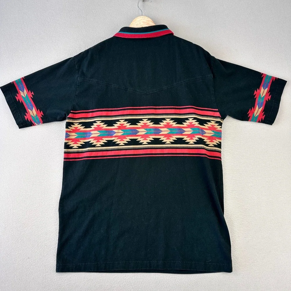 VTG 90s Cripple Creek Polo Shirt Mens L Black Aztec Southwest Heavy Short Sleeve
